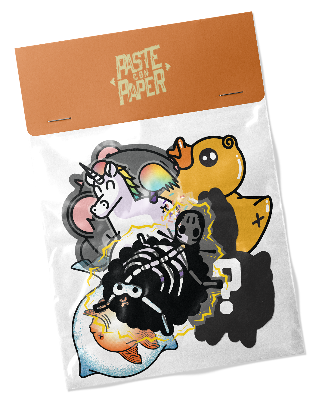 A sticker pack with various cartoon-style stickers including a unicorn, a fish, a ghost, a banana, and a skeleton, with a label at the top reading 'Paste on Paper'.