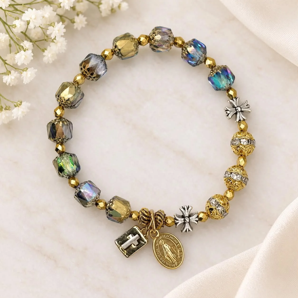 Cathedral Bead Rosary Bracelet - Lavender Blue with Luxe Gold