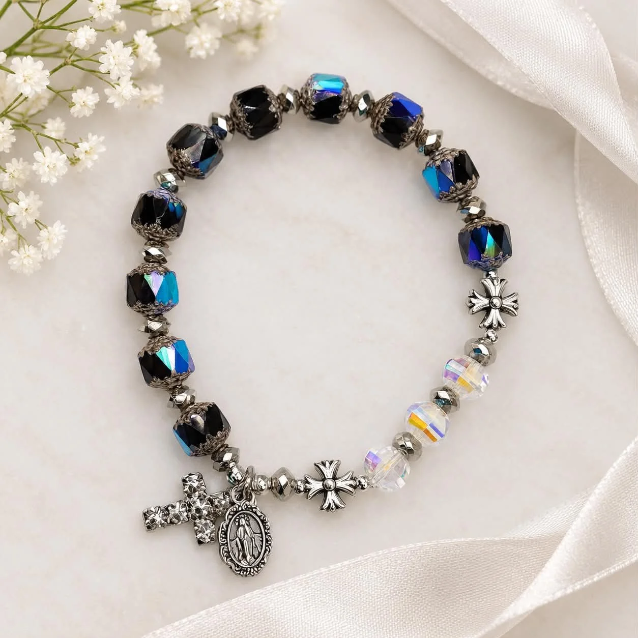 Cathedral Bead Rosary Bracelet - Midnight Luxe