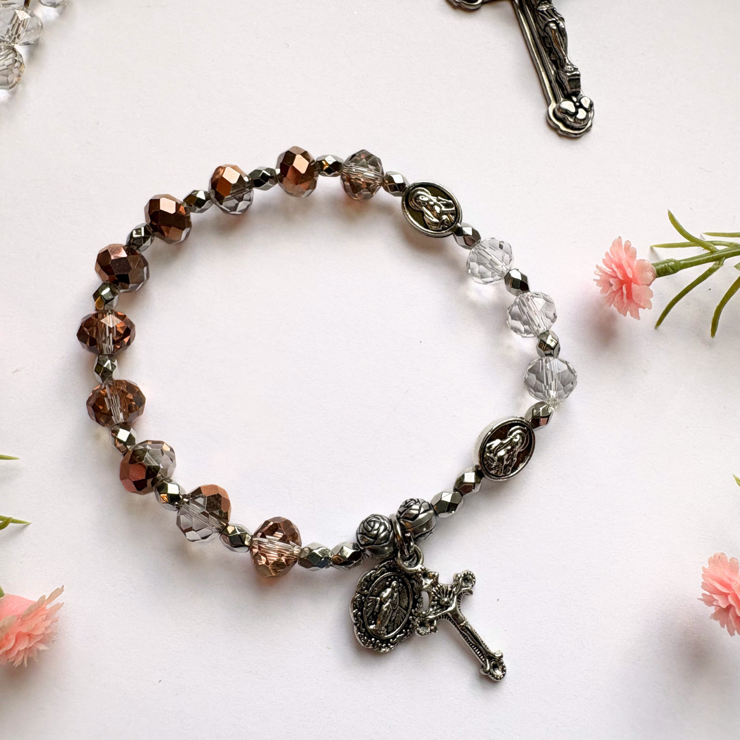 Faceted Glass Rosary Bracelet in Amber
