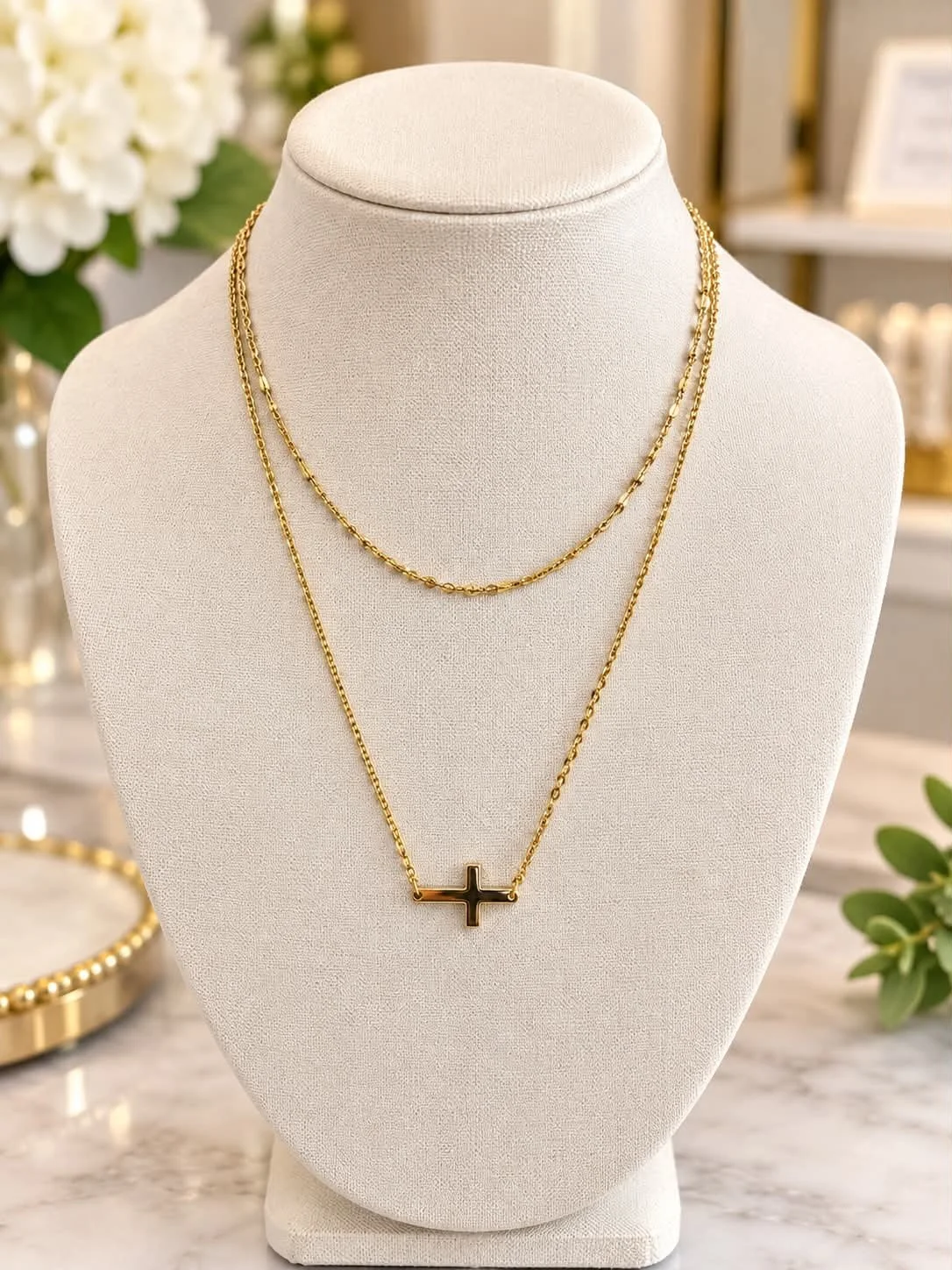 Gold Double Layer Sideways Cross Necklace2.jpg