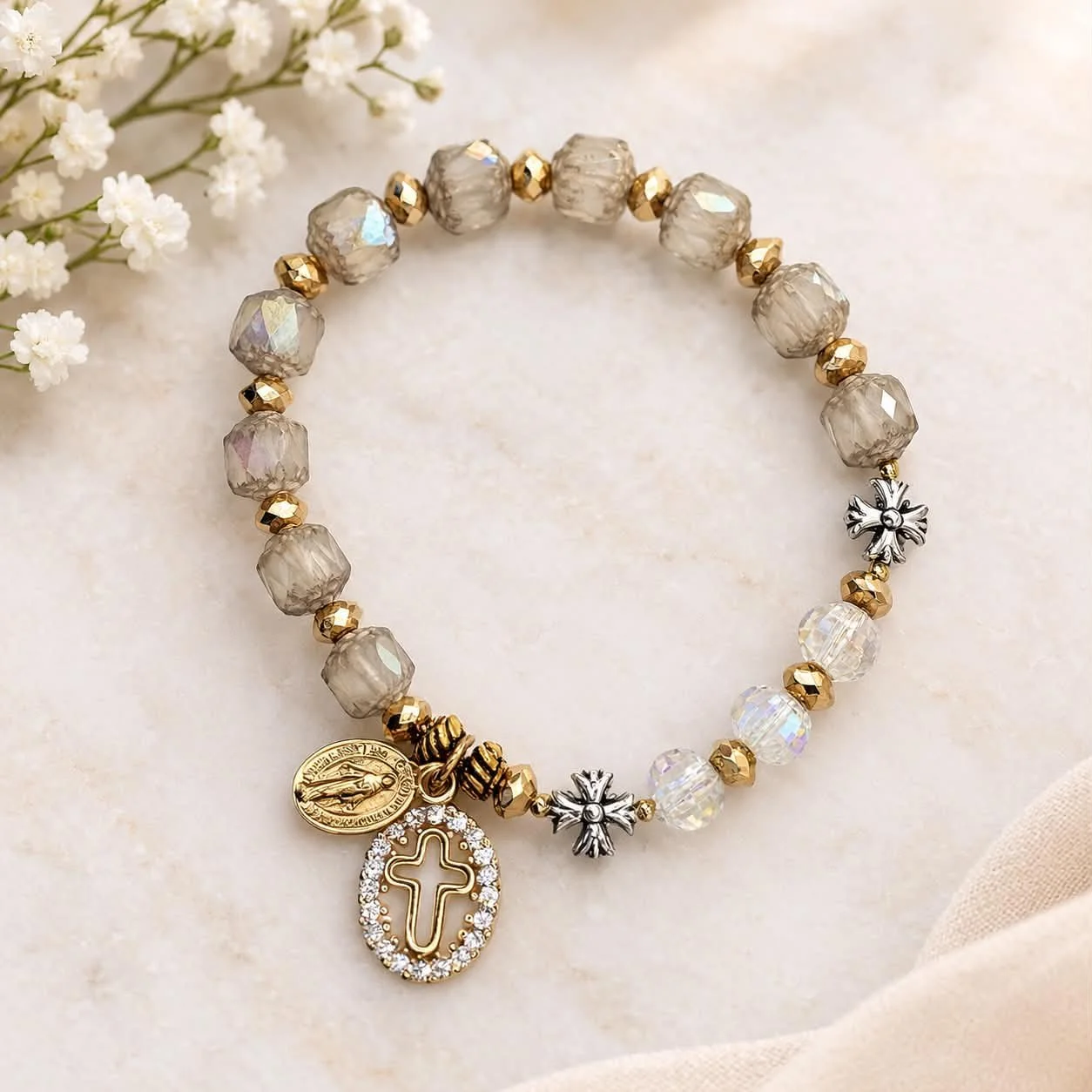 Cathedral Bead Rosary Bracelet - Champagne Elegance