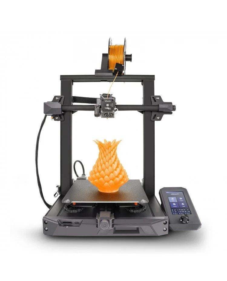 A 3D printer printing a pineapple-shaped object in orange filament.