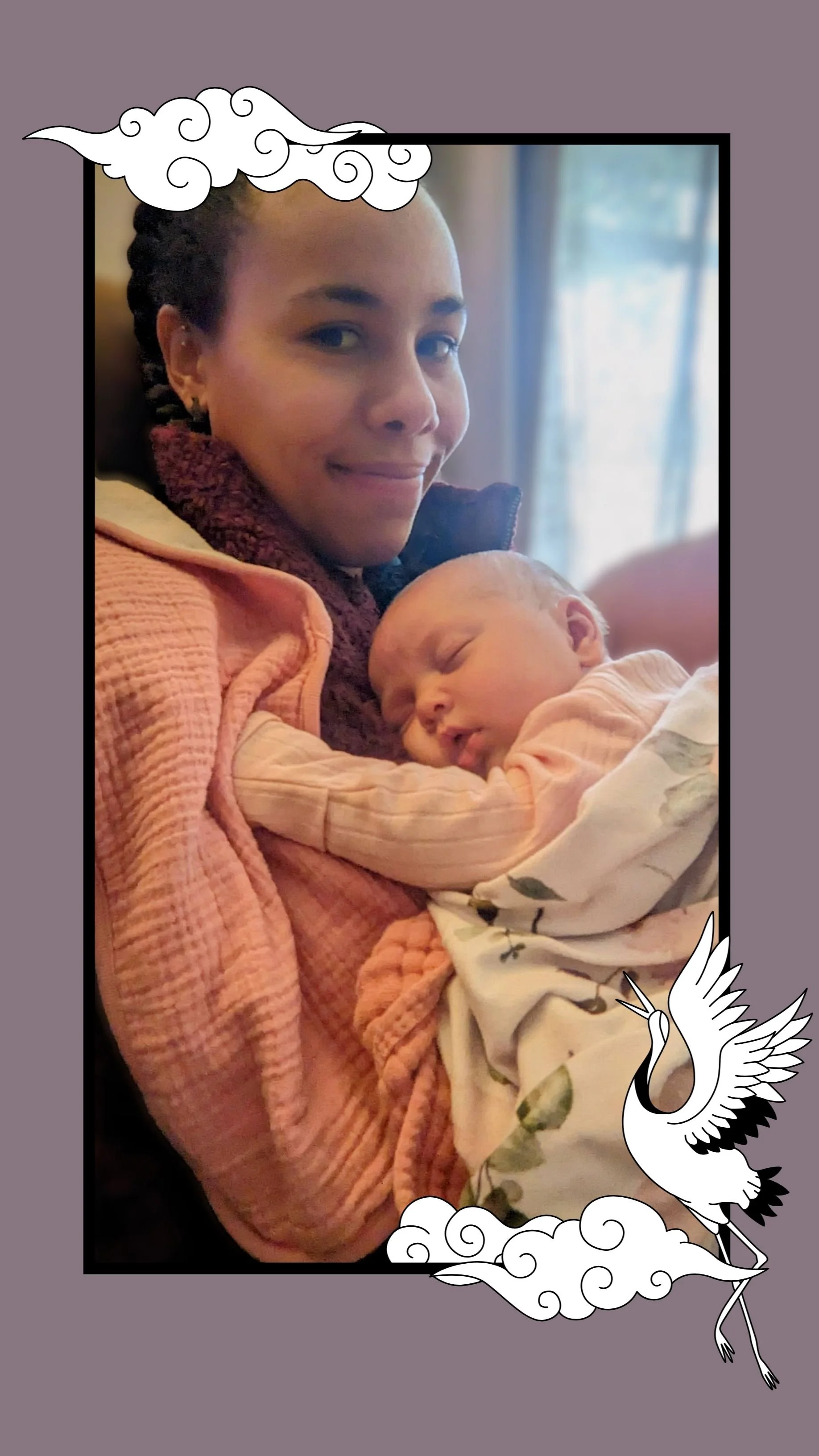 A woman holding a sleeping baby, surrounded by decorative cloud and crane illustrations.