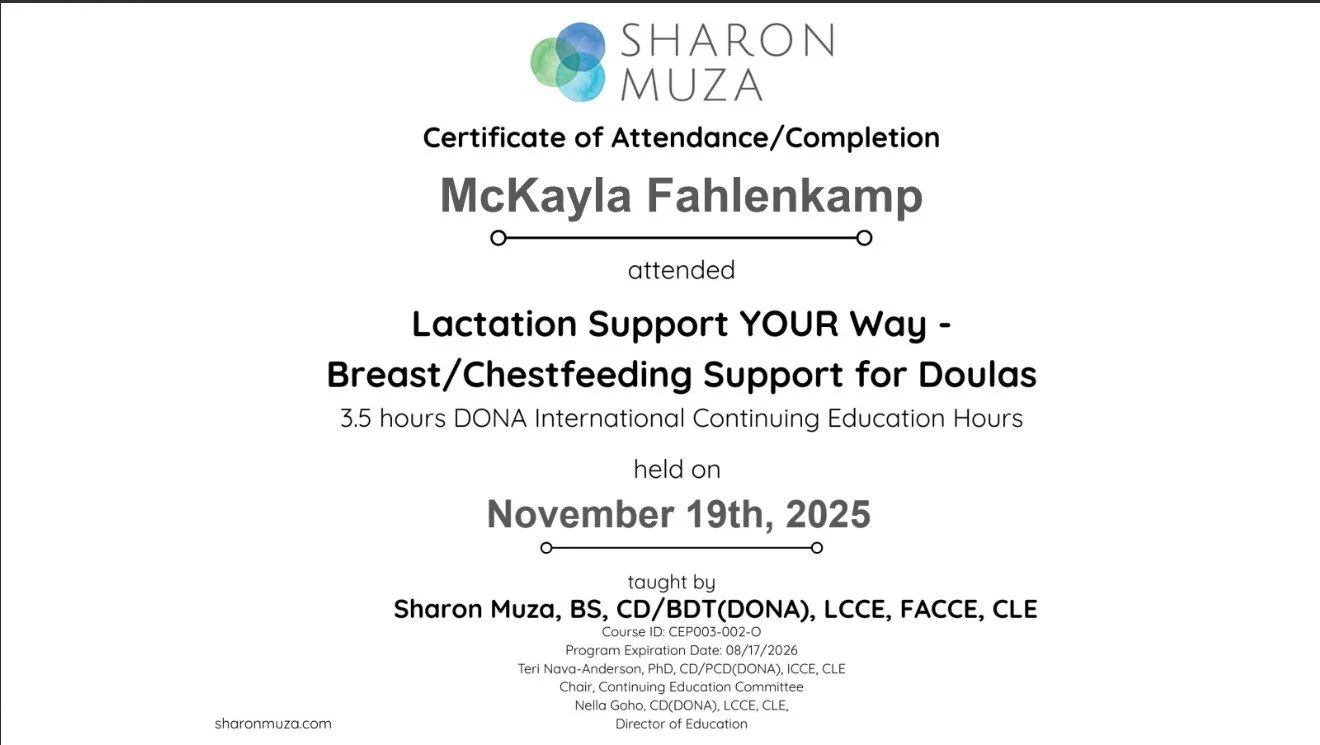 A certificate of attendance awarded to McKayla Fahlenkamp for a course on lactation support held on November 19th, 2025, taught by Sharon Muza, with a program expiration date of August 17th, 2026, and includes the Sharon Muza logo and contact information.