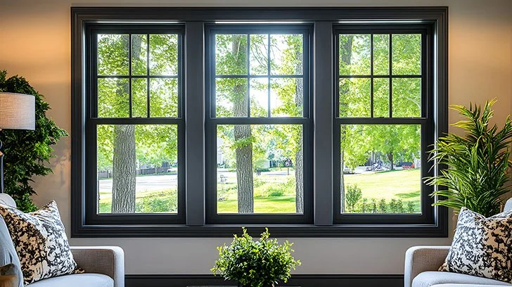 Three brow-framed, double-hung windows stacked next to each other. They look out onto a neighborhood from a family room.