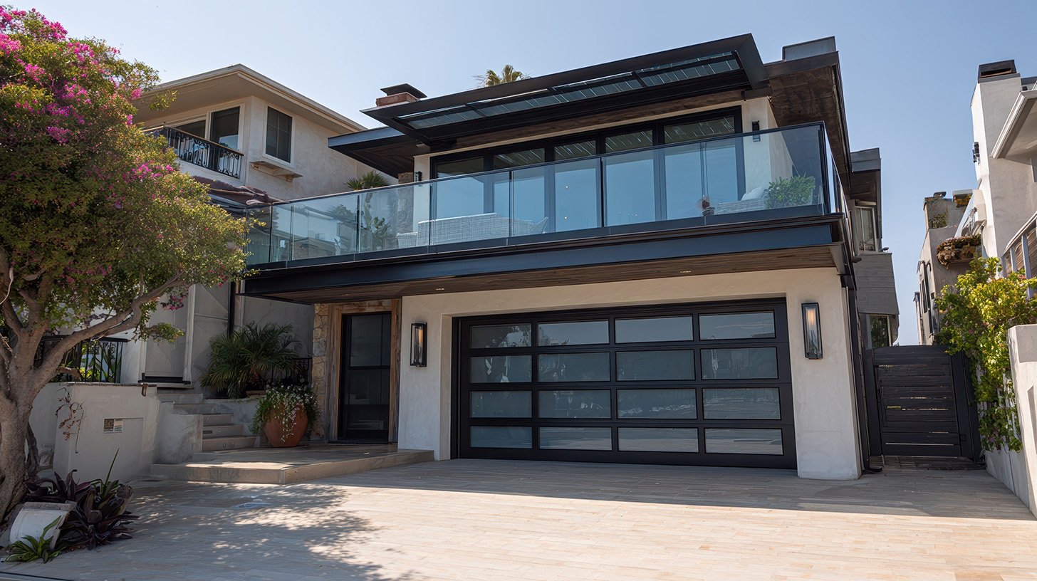 Modern frosted class garage door with black grids at the front of a luxury home in west Los Angeles