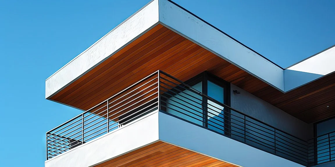 Top of white modern house with a balcony with windows and glass sliding doors and drown wood eves.