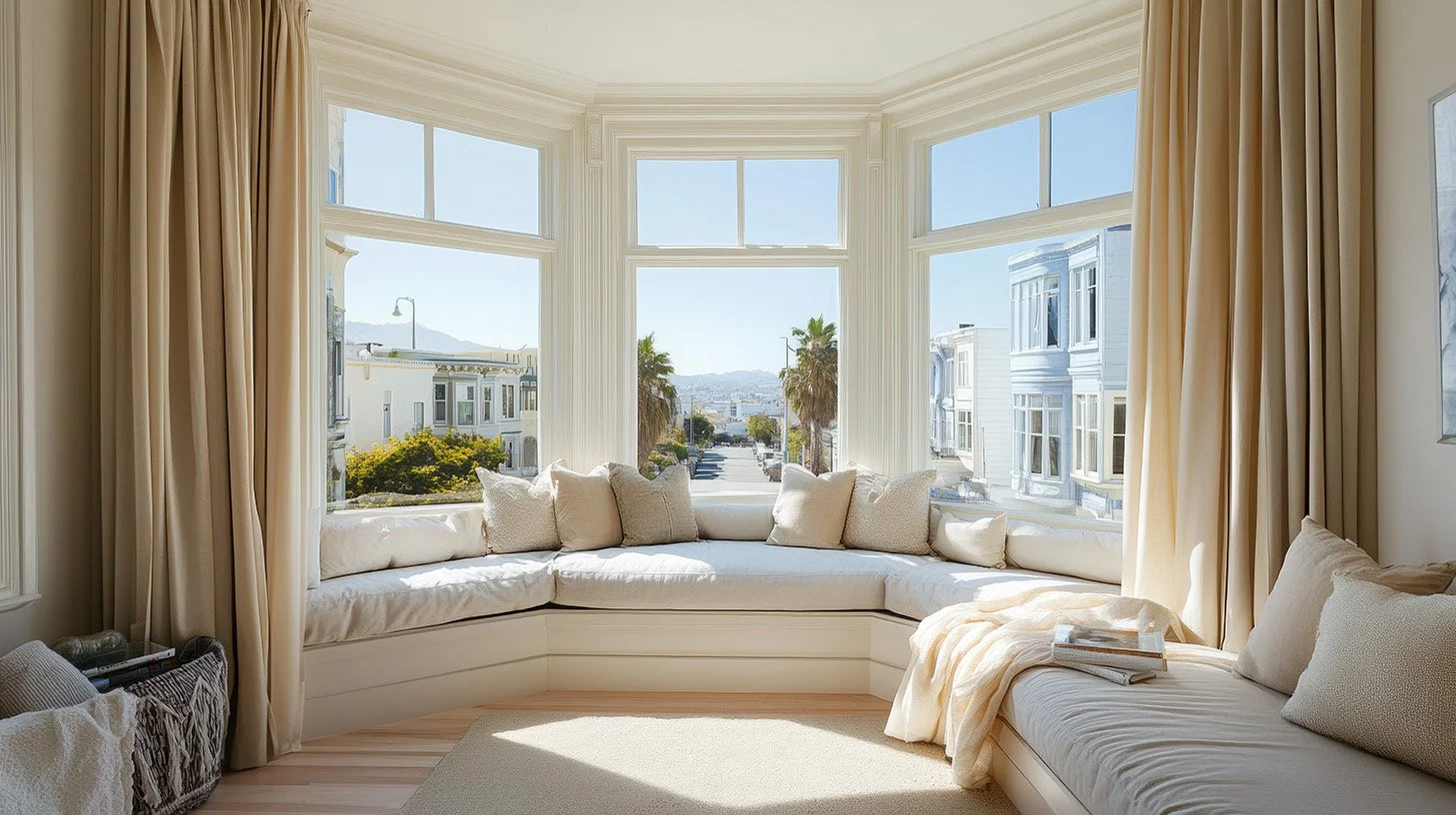 A beautiful and bright room with a large bay window over looking a San Francisco neighborhood. There are couch-like cushions in the bay window.