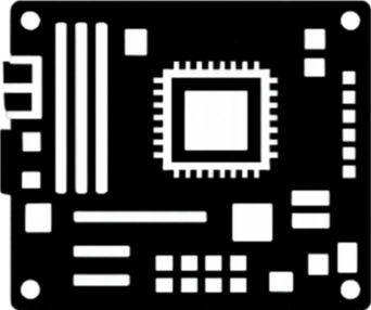 Schwarz-weiß-Darstellung eines elektronischen Schaltkreises mit einem zentralen Chip und verbundenen Komponenten.