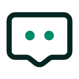 Stylized chat bubble with a smiling face, featuring two circular eyes inside a rectangular outline.