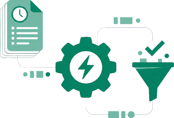 Digital illustration of a gear, a magnifying glass, and data charts representing technology and analytics.
