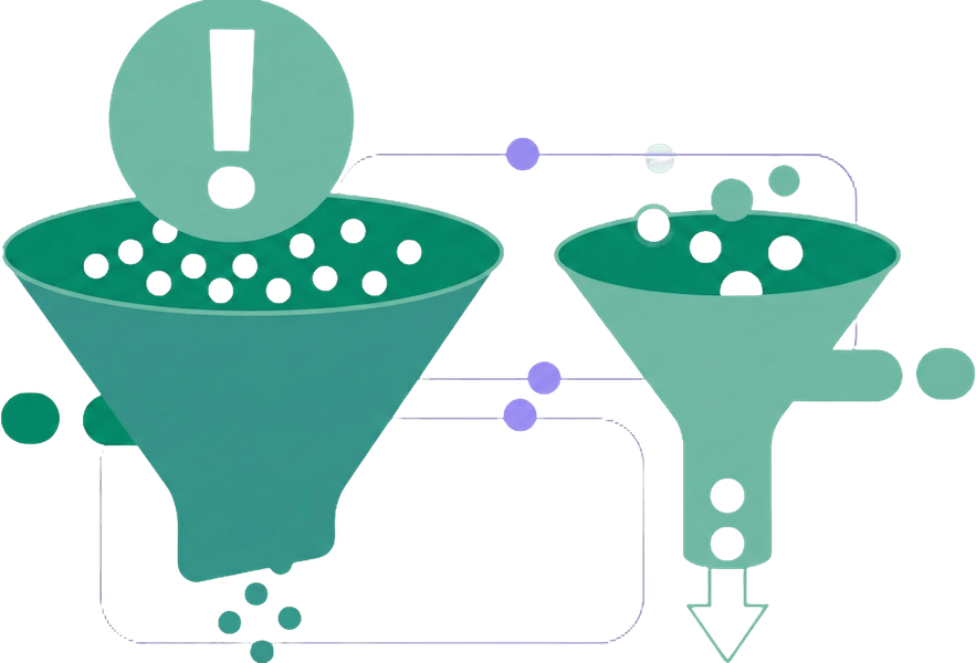 An illustration of a process with two funnels, showing particles passing through and being filtered or separated, with an exclamation mark indicating a warning or alert.