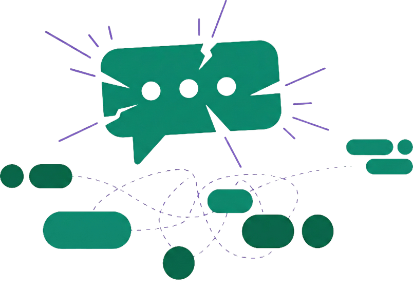 Illustration of interconnected speech bubbles and a central conversation icon, representing communication or chat.