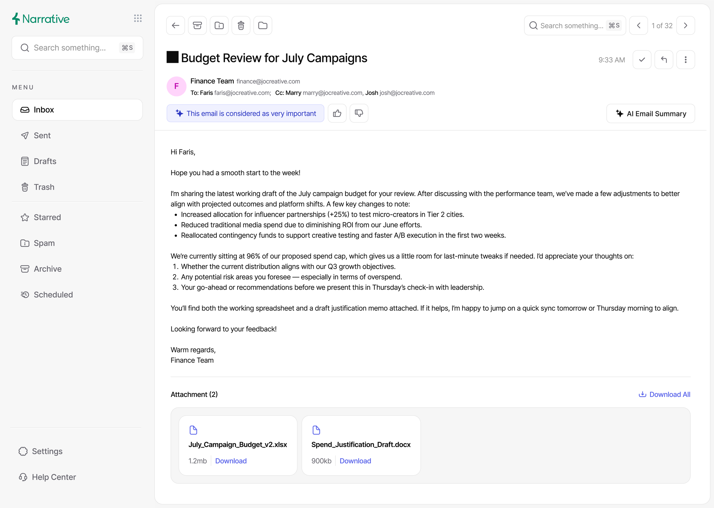 Screenshot of an email inbox showing a message titled 'Budget Review for July Campaigns' from the Finance Team, including attached files named 'July Campaign Budget v2.xlsx' and 'Spend Justification Draft.docx'.