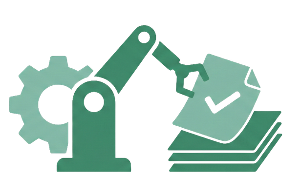 Illustration of a robotic arm assembling or holding a document with a checkmark, with gears and stacked documents nearby.