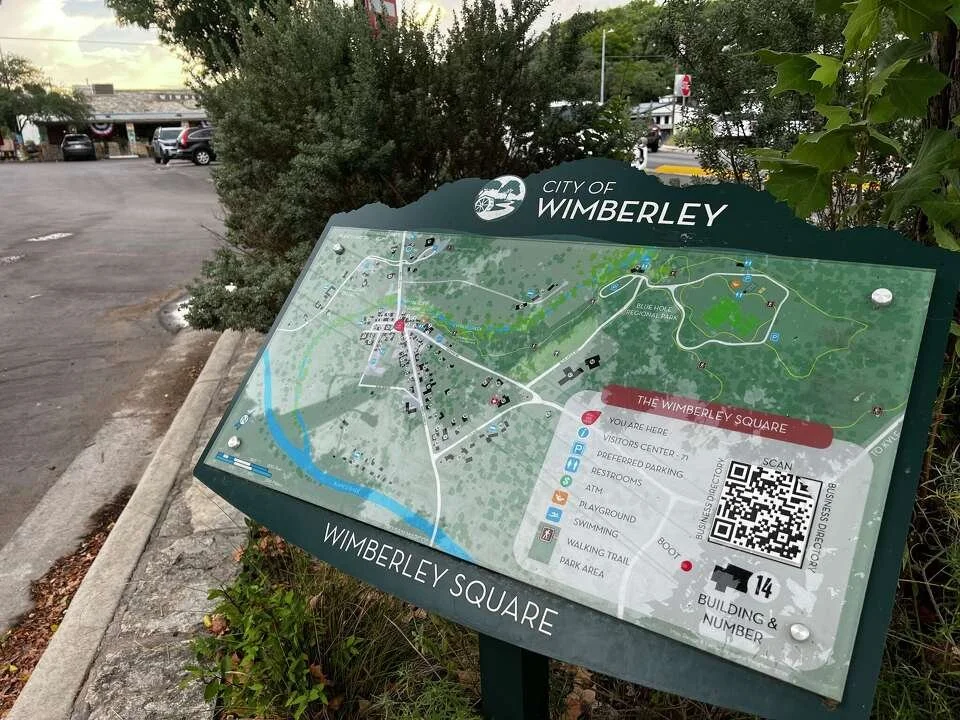 City of Wimberley map sign showing the Wimberley Square and nearby parks