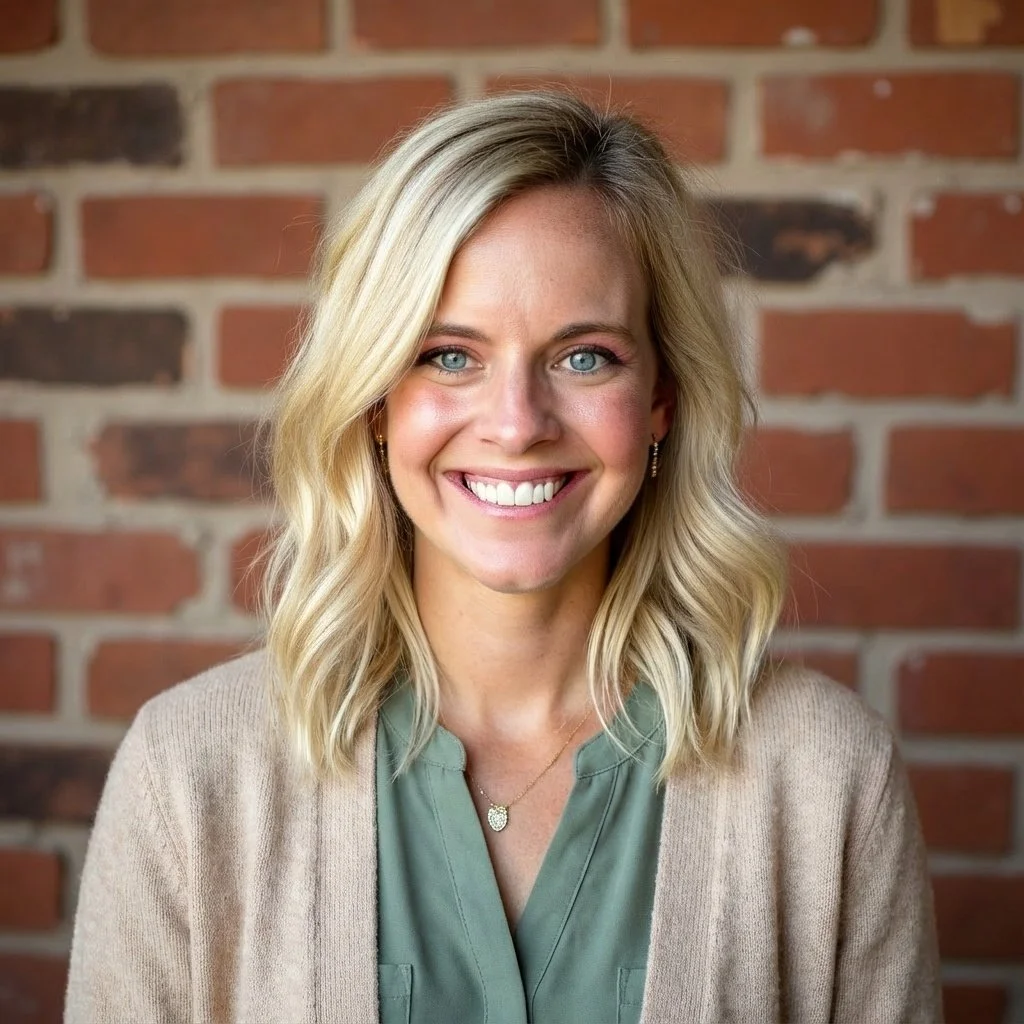 A smiling woman with shoulder-length blonde hair, wearing a light green blouse, a beige cardigan, and a necklace, standing against a brick wall background.