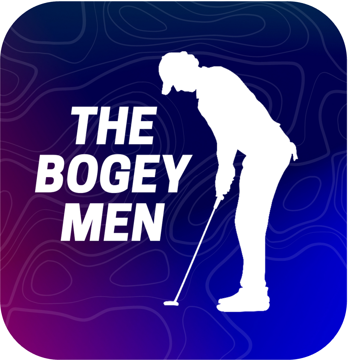 Silhouette of a man putting on a golf cap, holding a putter, with the text "The Bogey Men" on a colorful gradient background with topographic lines.