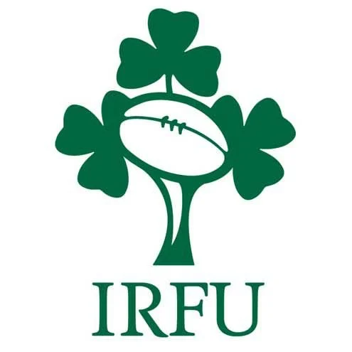 Logo with a shamrock, a football, and the letters IRFU, representing Irish Rugby Football Union.