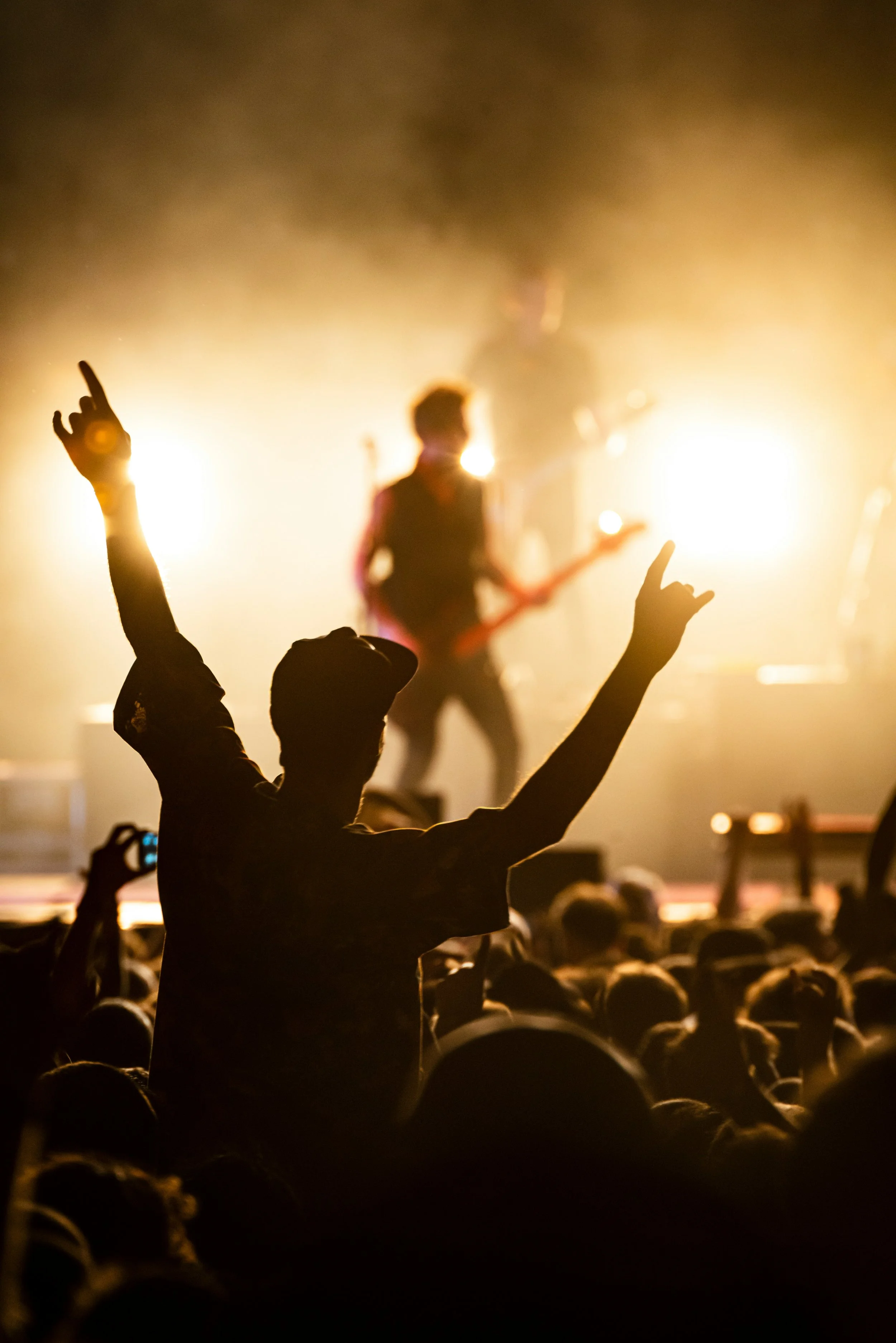 Silhouette of a person at a concert with hands in the air, with bright stage lights and a performer playing guitar in the background.