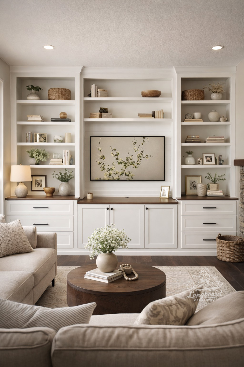 Living room with custom painted white built-in shelves by Longboard Carpentry of Lake County IL, featuring books, vases, and decorative items, beige furniture, and a wooden coffee table with a flower vase and books.