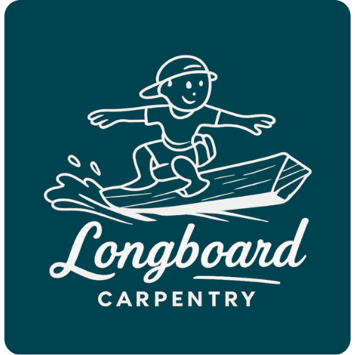 A smiling man surfing on a longboard with arms outstretched, text reading 'Longboard Carpentry' below