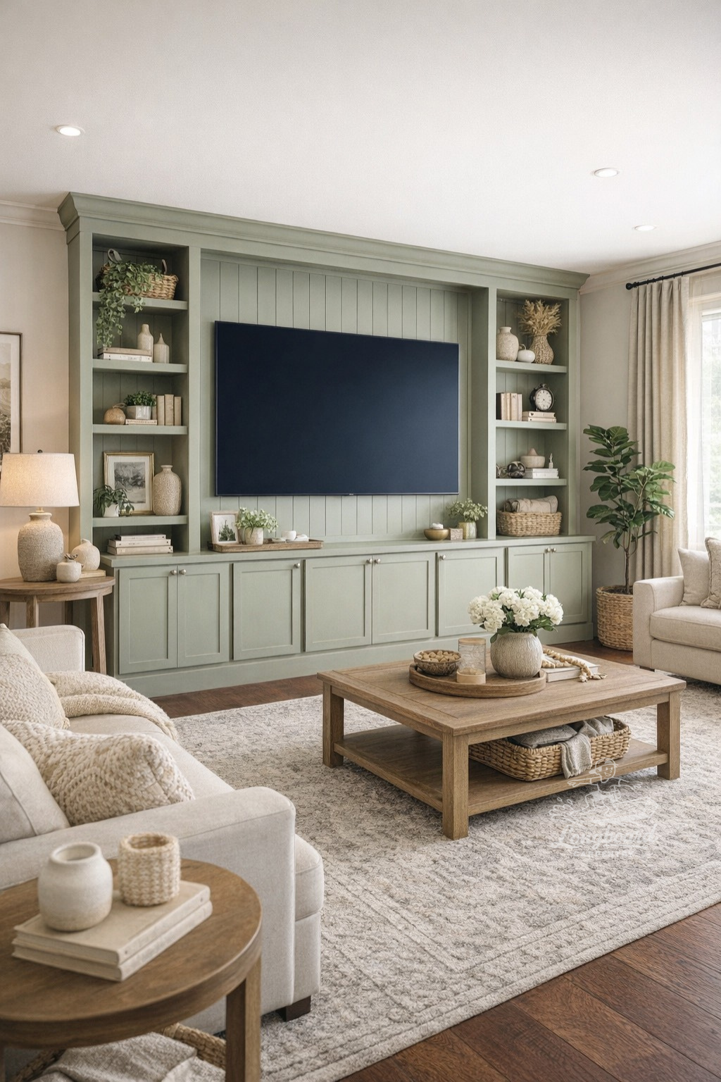 A cozy, well-decorated living room with a large flat-screen TV mounted on a green built-in wall unit, beige sofas, a wooden coffee table, and custom sage green built-in bookshelves by Longboard Carpentry of Lake County, IL.