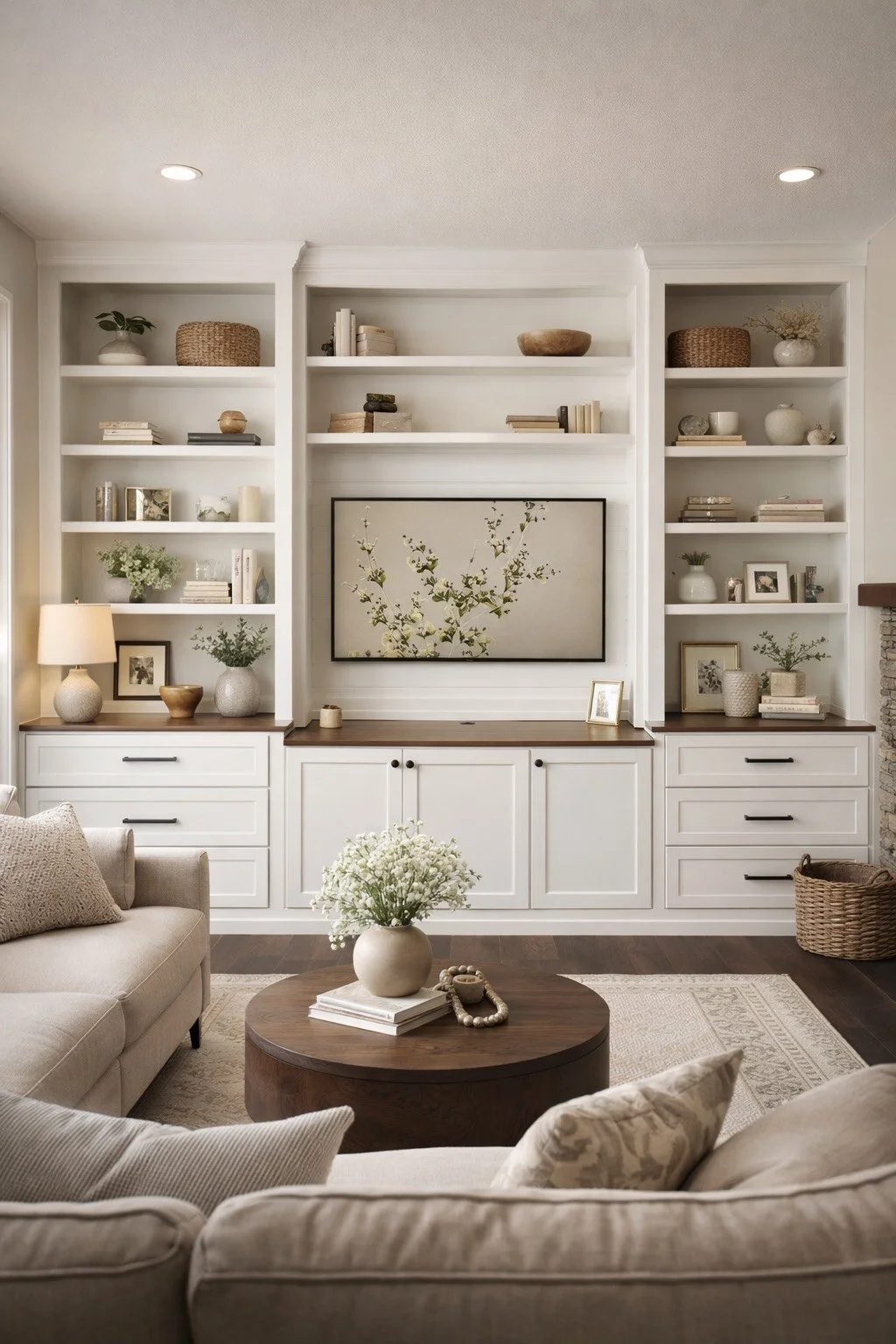 Living room with white built-in shelves, a wall-mounted TV, beige sofa, wooden coffee table, and decorative items, by Longboard Carpentry Illinois.