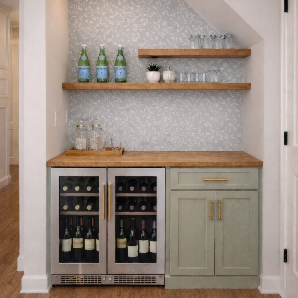 A built-in wine bar coffee bar with a wooden countertop, glass-front wine cooler, two wooden shelves holding bottles, glasses, and decorative items, set against a patterned wallpaper. Built in dry bars northern Illinois.