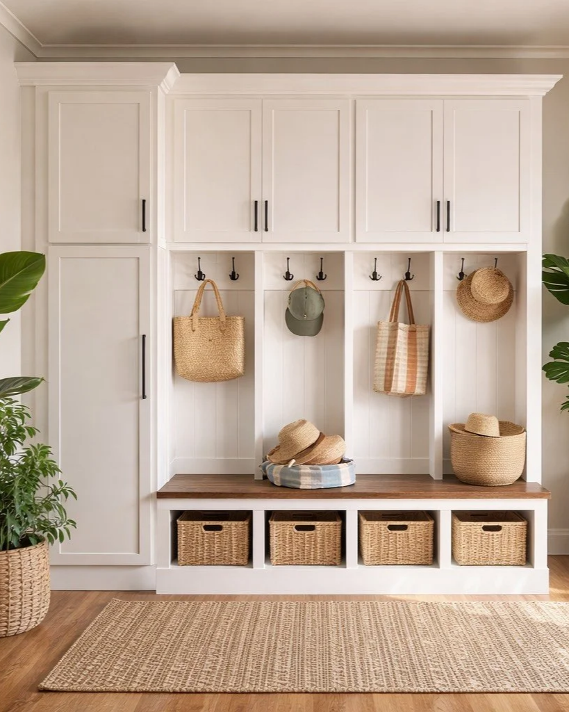 White hall tree with storage cabinets, hooks with bags and hats hanging, baskets below, and a bench with hats and a striped blanket. Green plants on either side, woven basket and jute rug on wood floor. Finish carpenter near me by Longboard Carpentry