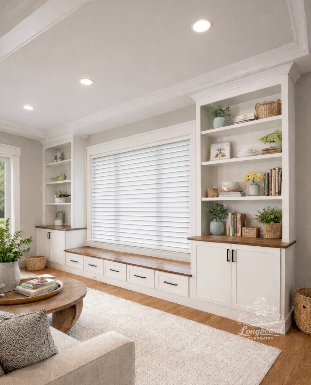 Bright living room with built-in white shelves and window seat by Longboard Carpentry of Lake County, IL, hardwood floors, and a beige rug.