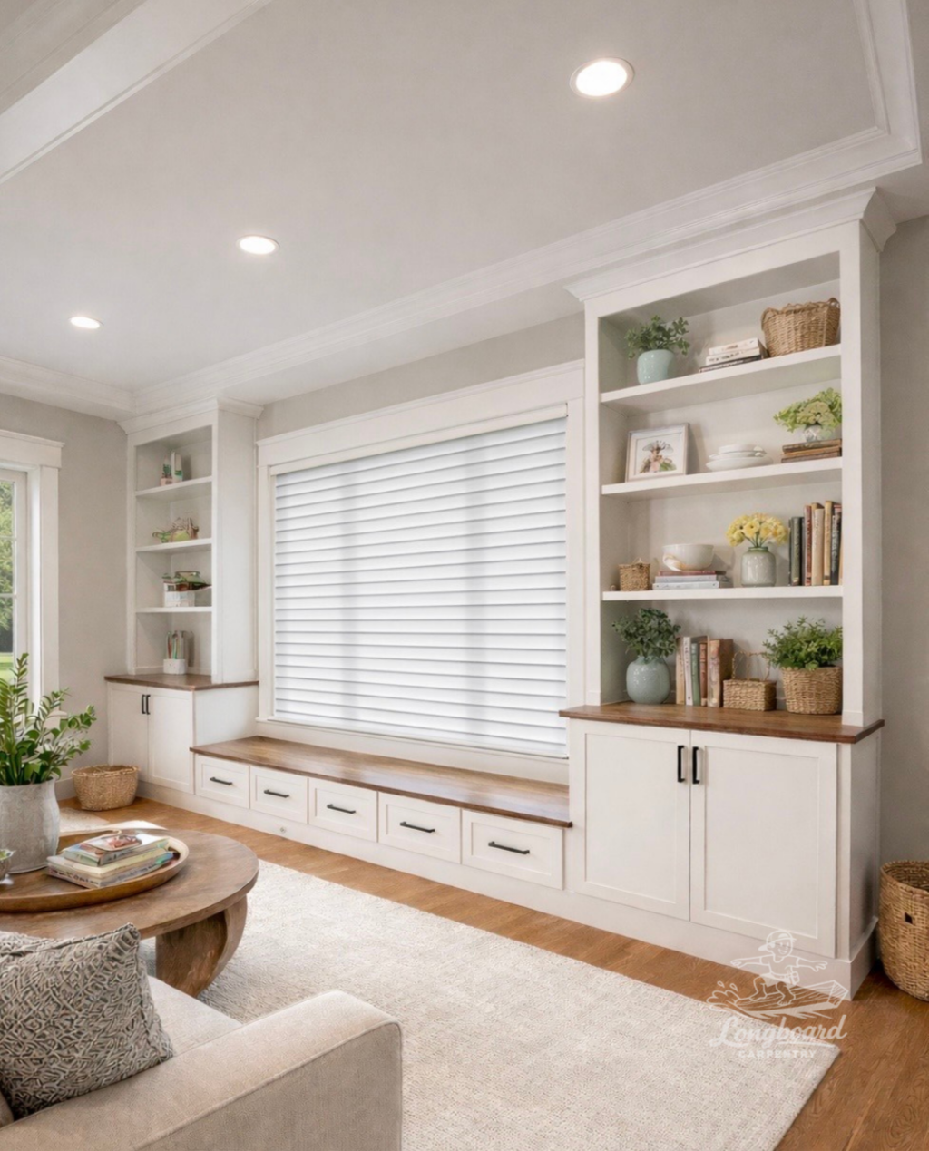 Living room with white built-in bookshelves by Longboard Carpentry, a large window with white blinds, a beige sofa with patterned cushions, a round wooden coffee table, a greenery plant, and a beige carpet.