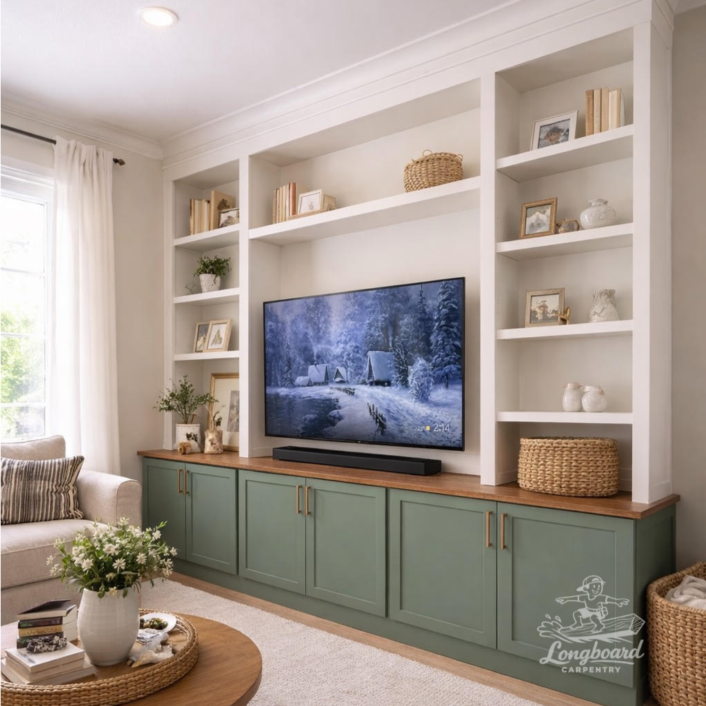 A living room with a painted built-in white shelf around a  TV, with decorative books, framed photos, plants, and baskets, green cabinet below the shelf, a sofa, a coffee table with a vase and a large window. Longboard Carpentry Illinois.