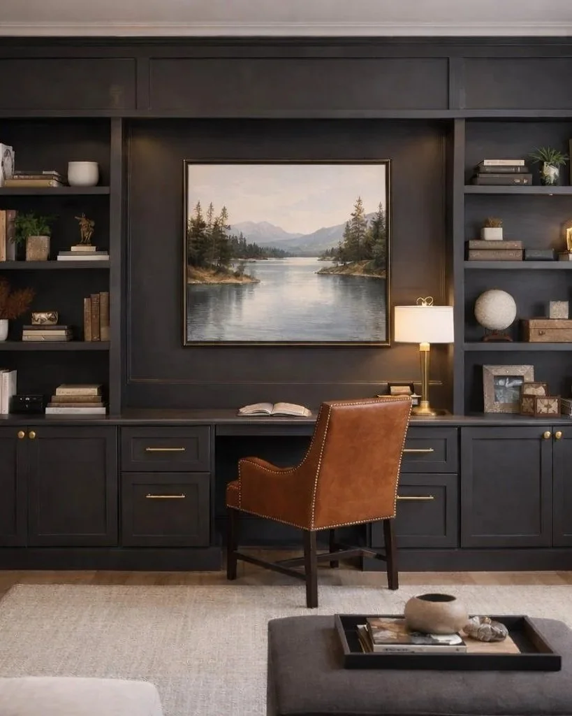 Dark gray built-in bookshelf with decorative items, books, and a landscape painting of a lake with trees and mountains, a table lamp, and an open book, with a leather chair in front by Longboard Carpentry Illinois