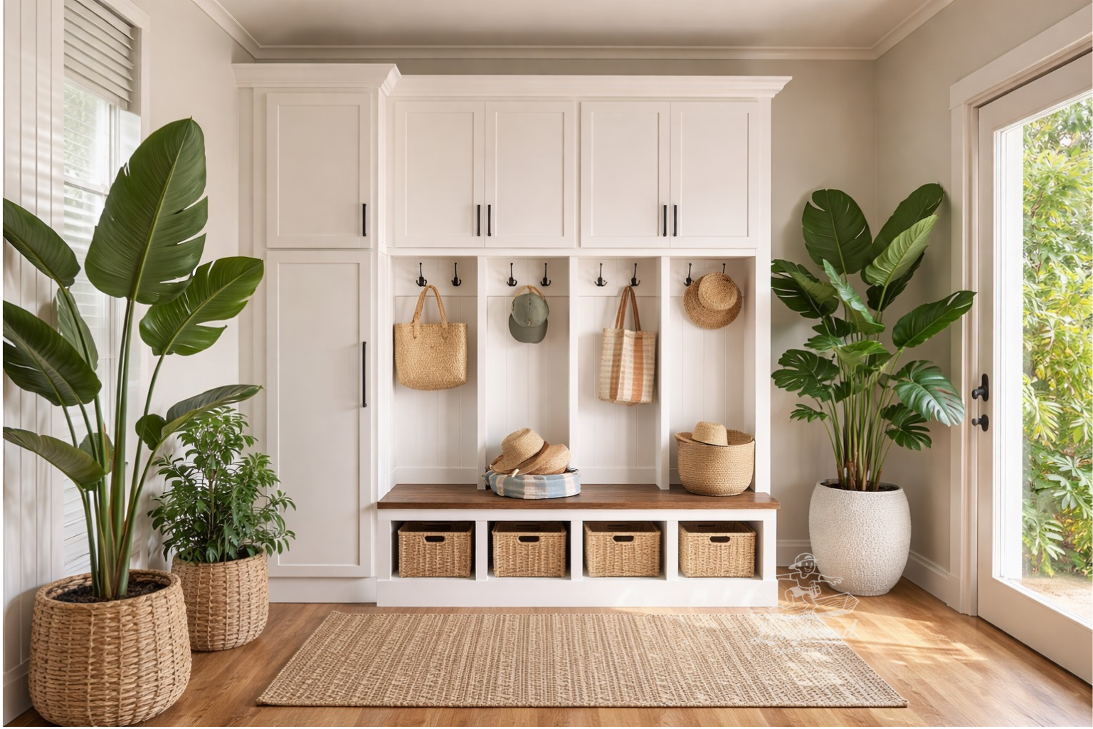 Entryway with modern white built-in mudroom storage with hooks holding hats and bags, wicker baskets for shoes, large potted plants on woven baskets, and a beige rug on hardwood floor next to a glass door showing greenery outside.