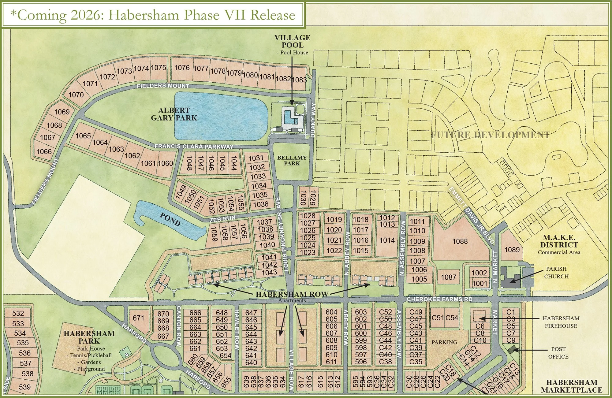 Map of the Habersham community showing residential areas, parks, a pond, community facilities, and future development plans, with street names and lot numbers.