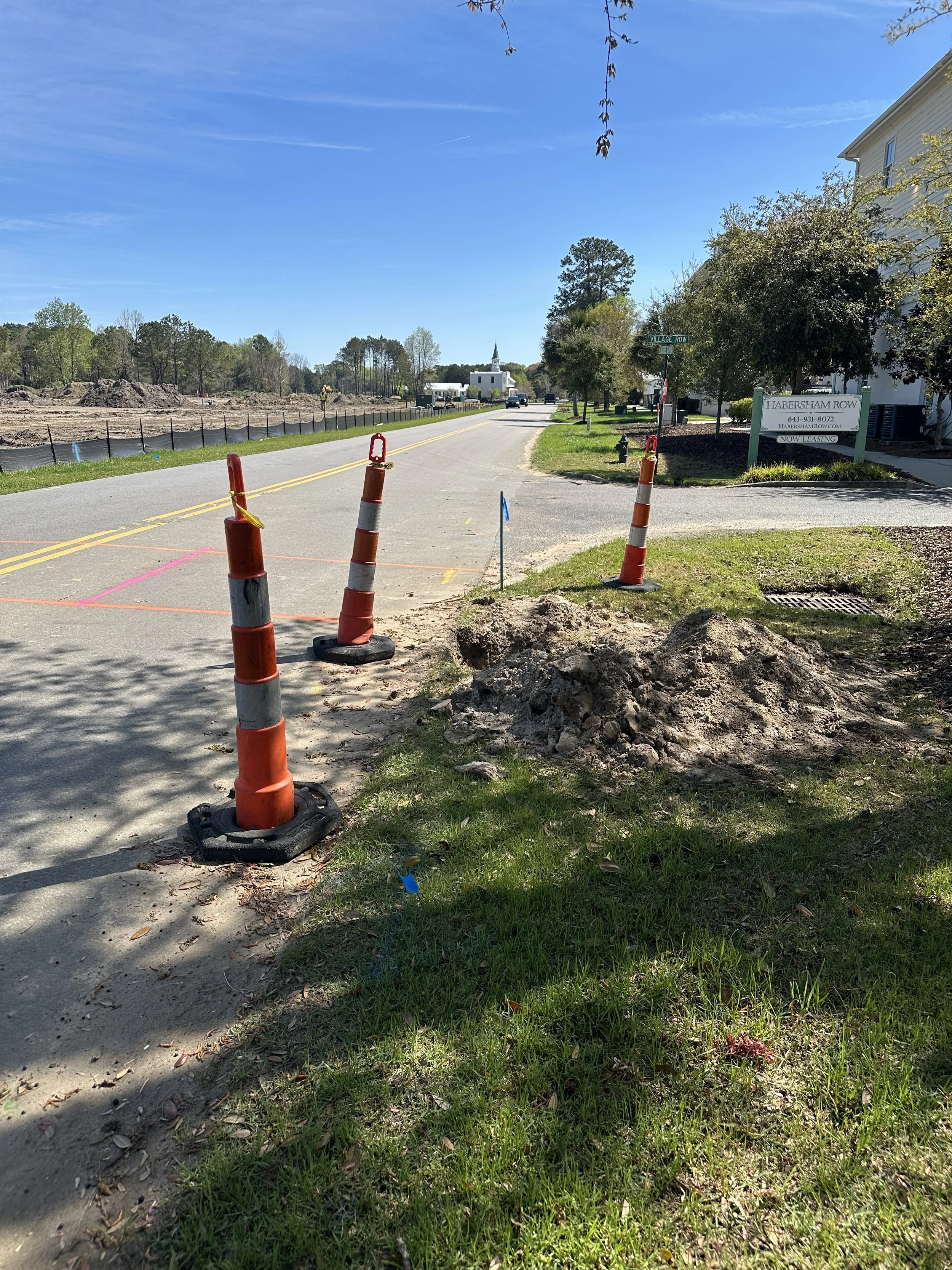 water line located along shoulder of Cherokee Farms Road looking towards Parish Church at Habersham