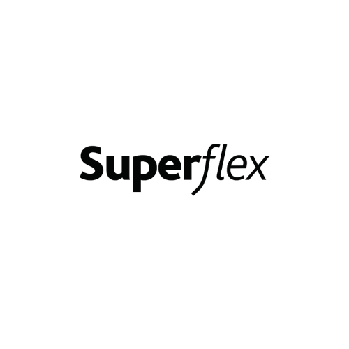 Superflex logo in black and gray text on a black background.
