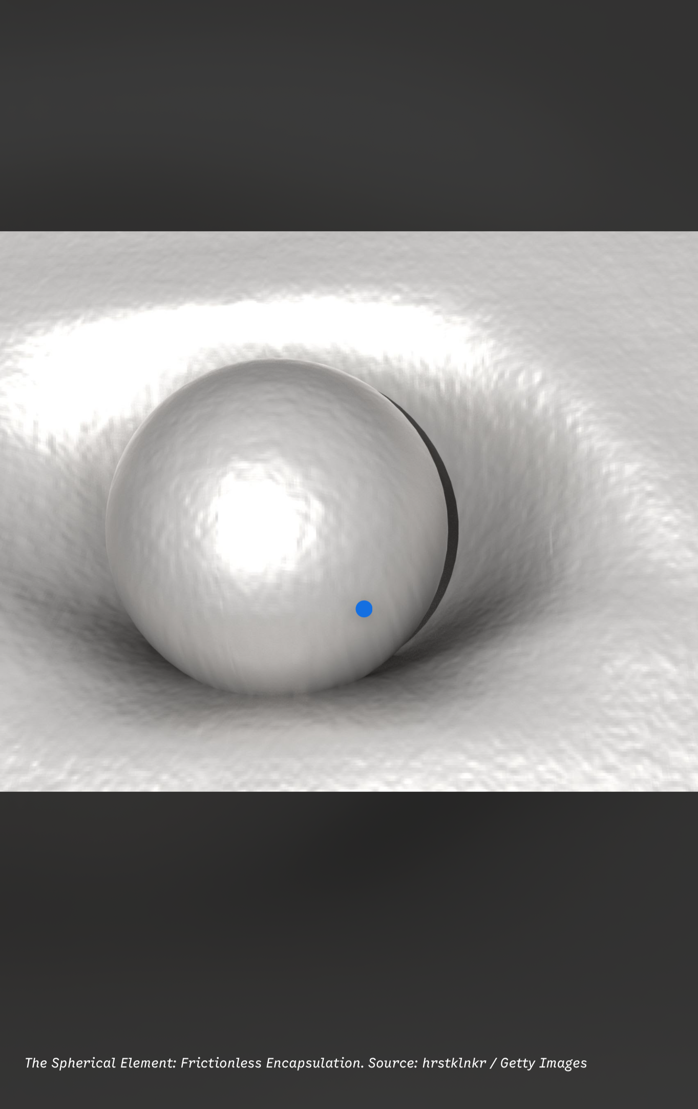 A smooth, white sphere sitting on a flat surface with a shadow cast to the right. The background is a textured white surface, with a black gradient area at the top and bottom of the image.