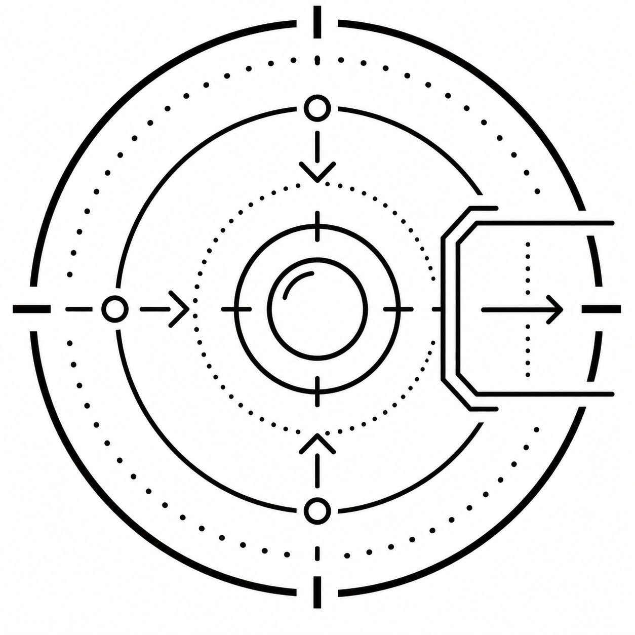 Technical schematic diagram with concentric circles and arrows, indicating directional flow or movement, resembling engineering or scientific illustration.