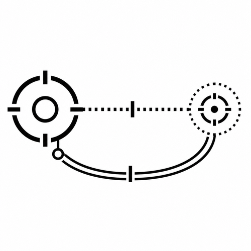 A diagram of a telescoping sight or reticle with two circular components connected by lines, used for aiming in firearms or optics.
