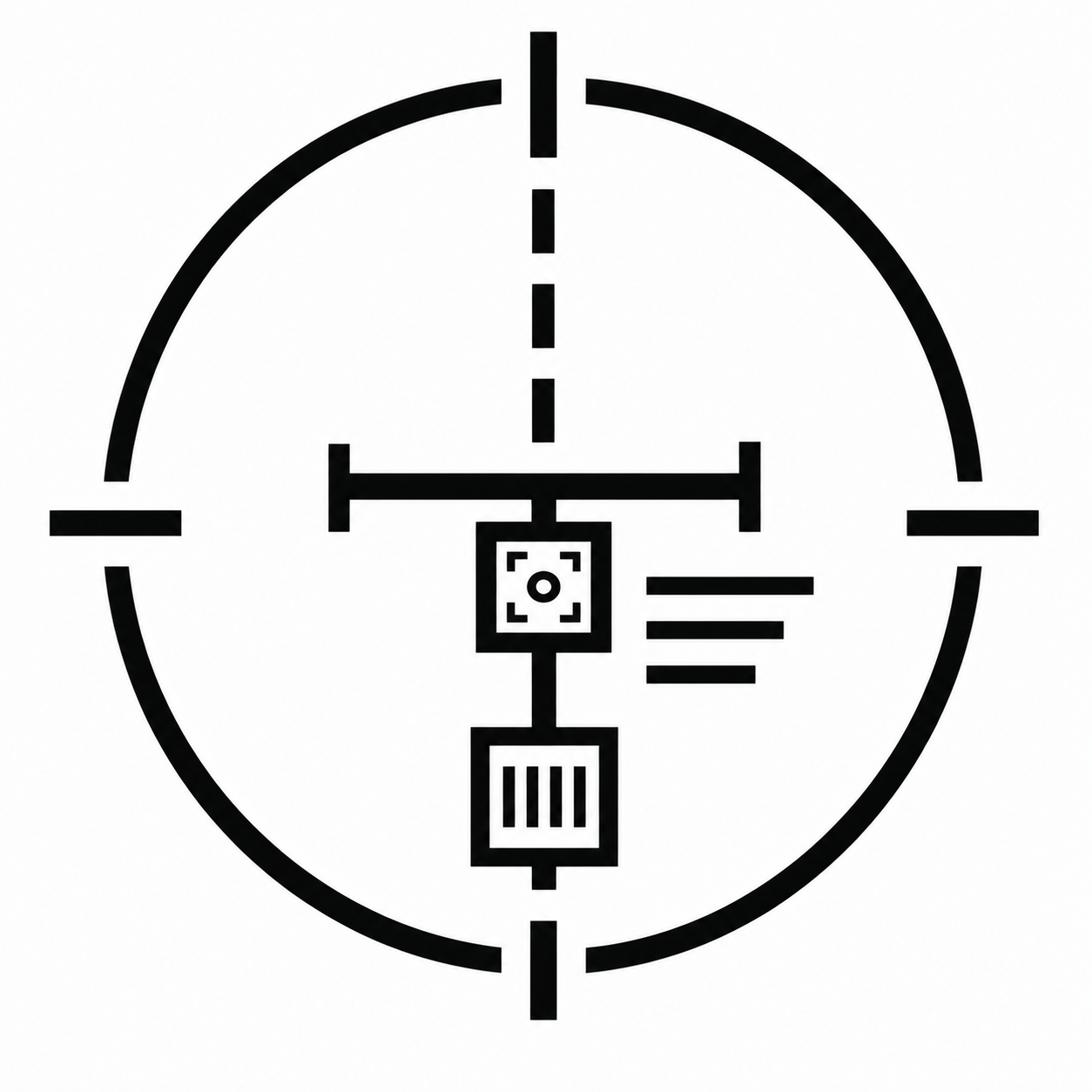 A black and white outline of a camera viewfinder crosshair with a target marker in the center and horizontal lines to the right.