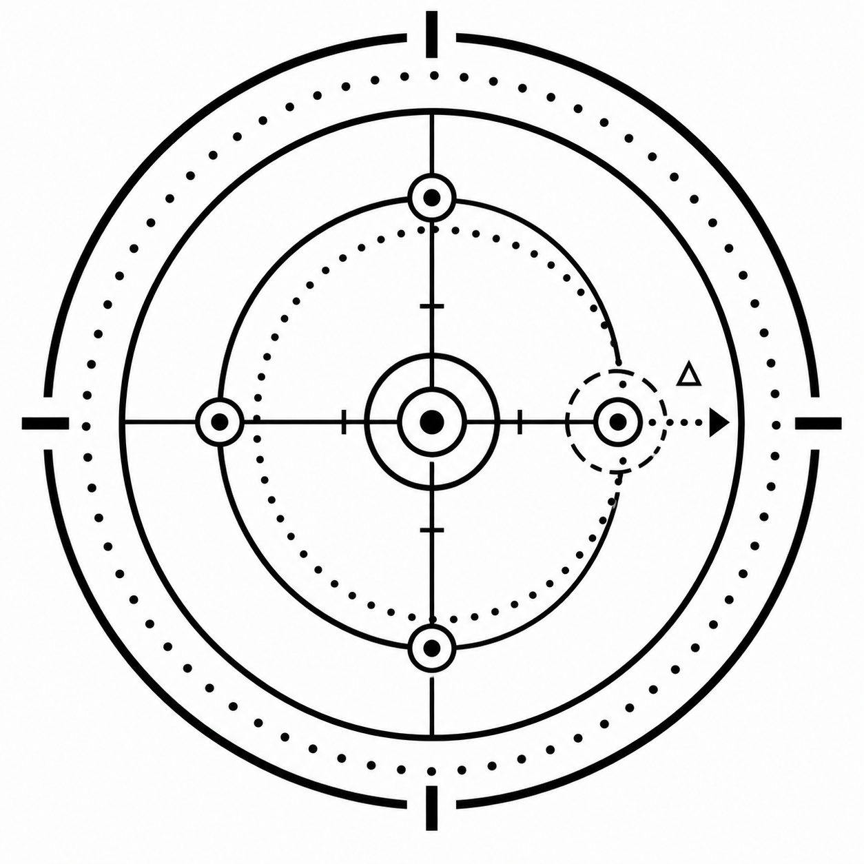 A emssemaphore.com Glyph showing fidelity "drift detected" with  concentric circles and crosshairs, indicating detection zones and moving artifacts.