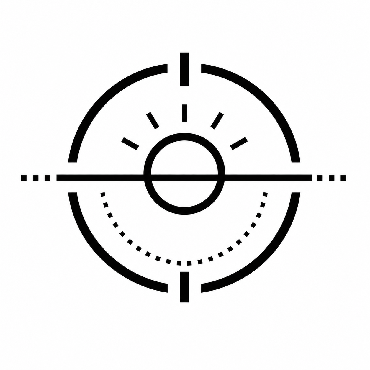 Black and white abstract crosshair or target graphic with various dotted and solid lines and shapes.