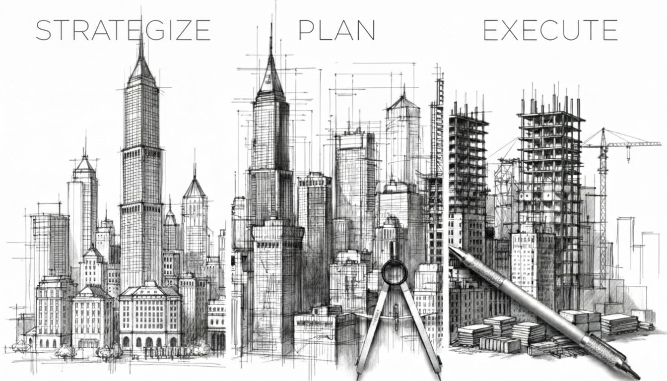 Sketch of a city skyline with buildings under construction, divided into three sections labeled 'Strategize,' 'Plan,' and 'Execute'; with architectural tools like compass and pen.