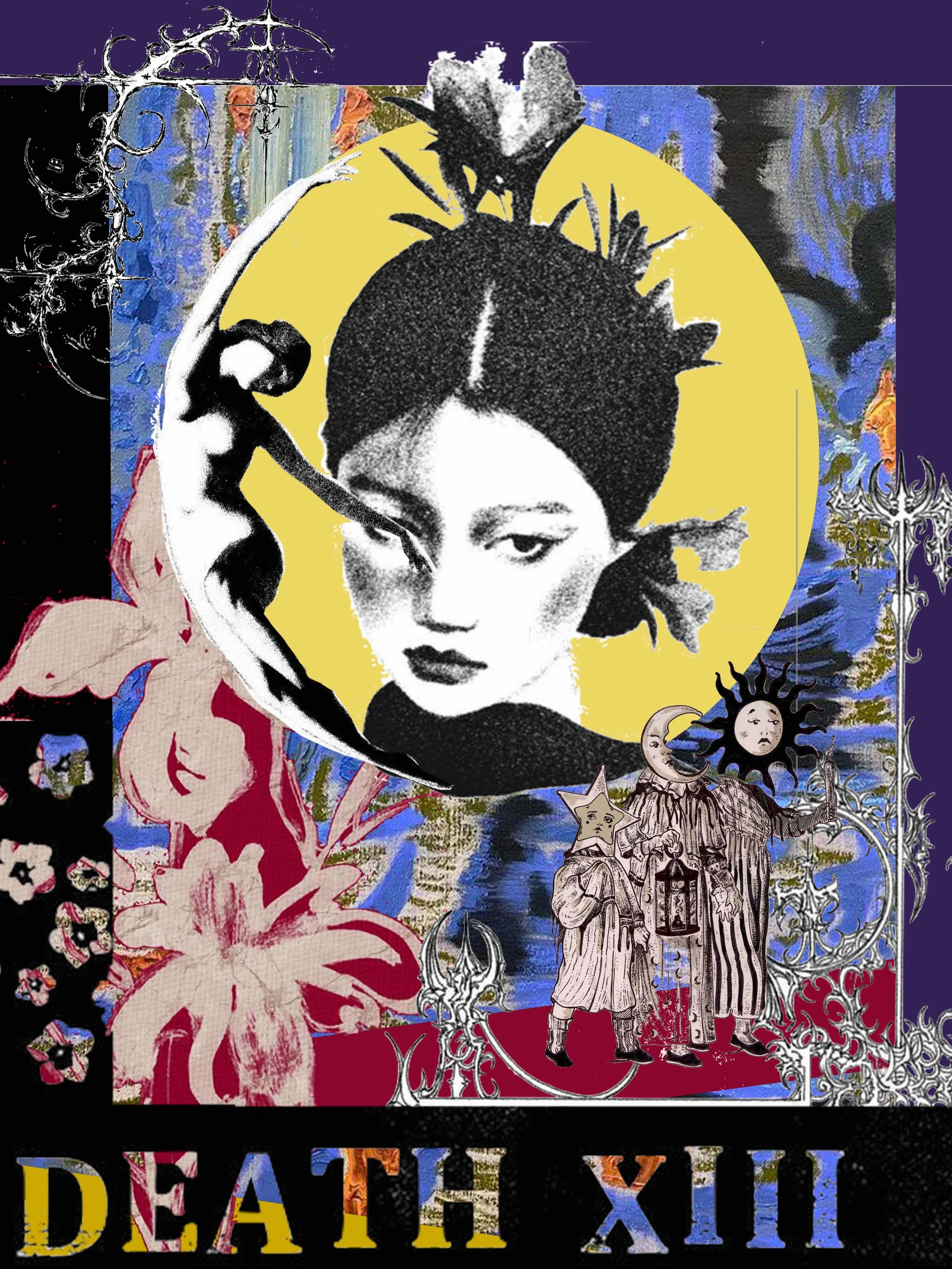 A collage featuring a black and white portrait of a woman with styled hair in front of a large yellow circle. Surrounding her are various elements, including a small nude female figure, illustrations of cloaked figures with star and moon masks, intricate metallic designs, flowers, and abstract backgrounds in blue, black, and red. The words 'DEATH XIII' are at the bottom in colorful, grungy font.