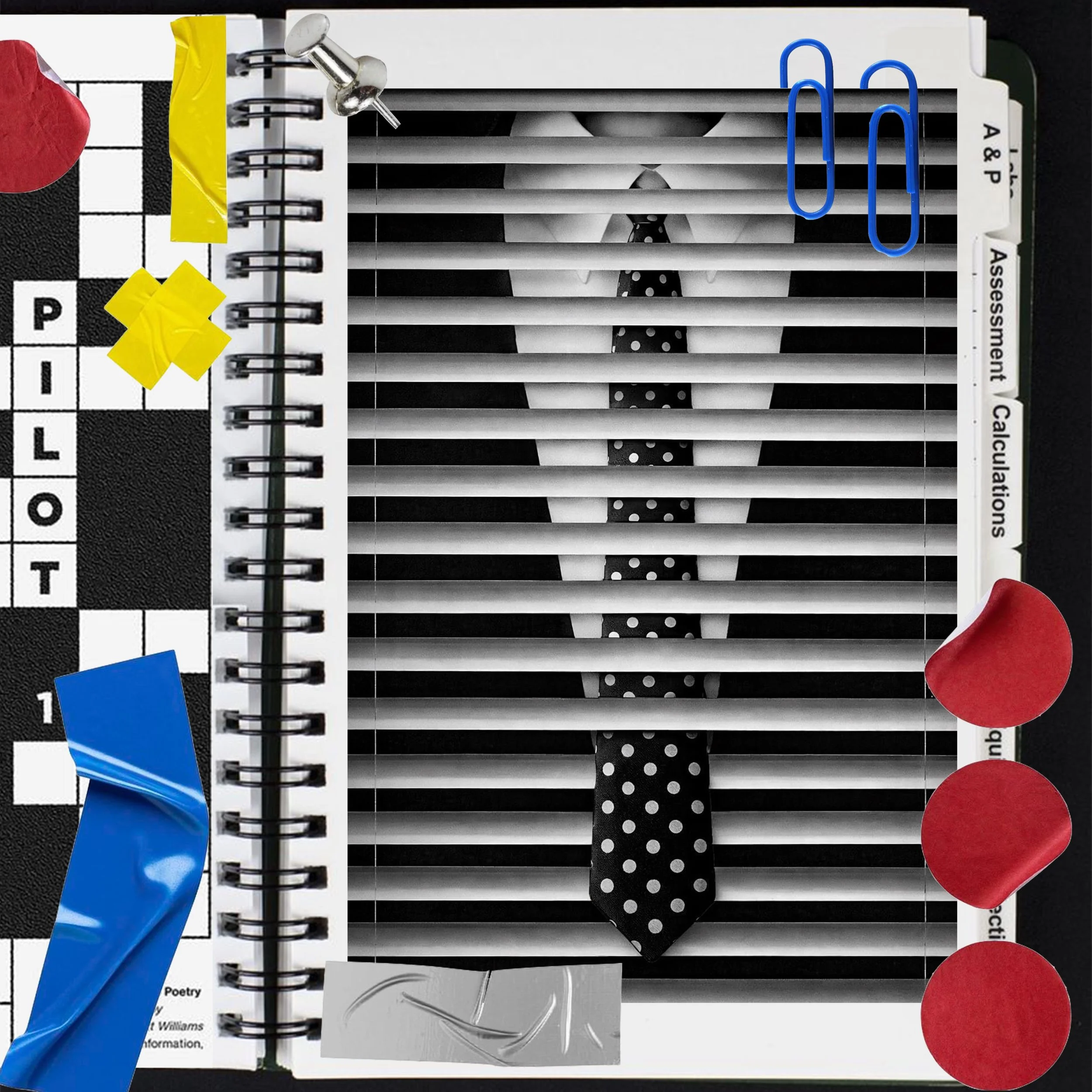 A man in a white shirt and polka dot tie is seen through black and white horizontal blinds with colored paper clips, sticky notes, and tabs attached around the edges of a book or planner.