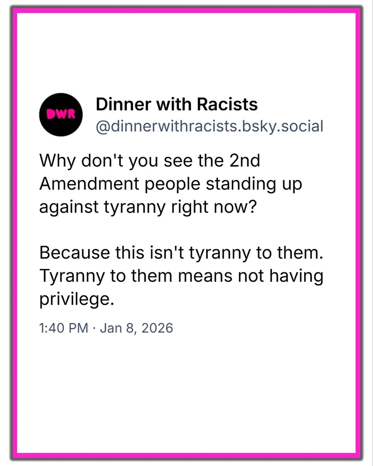 Why aren't the "fight tyranny" people fighting tyranny? Because this isn't tyranny to them. Tyranny is being treated equally.

They would rather fight to be privileged on a sinking ship than to live equally in a thriving society.