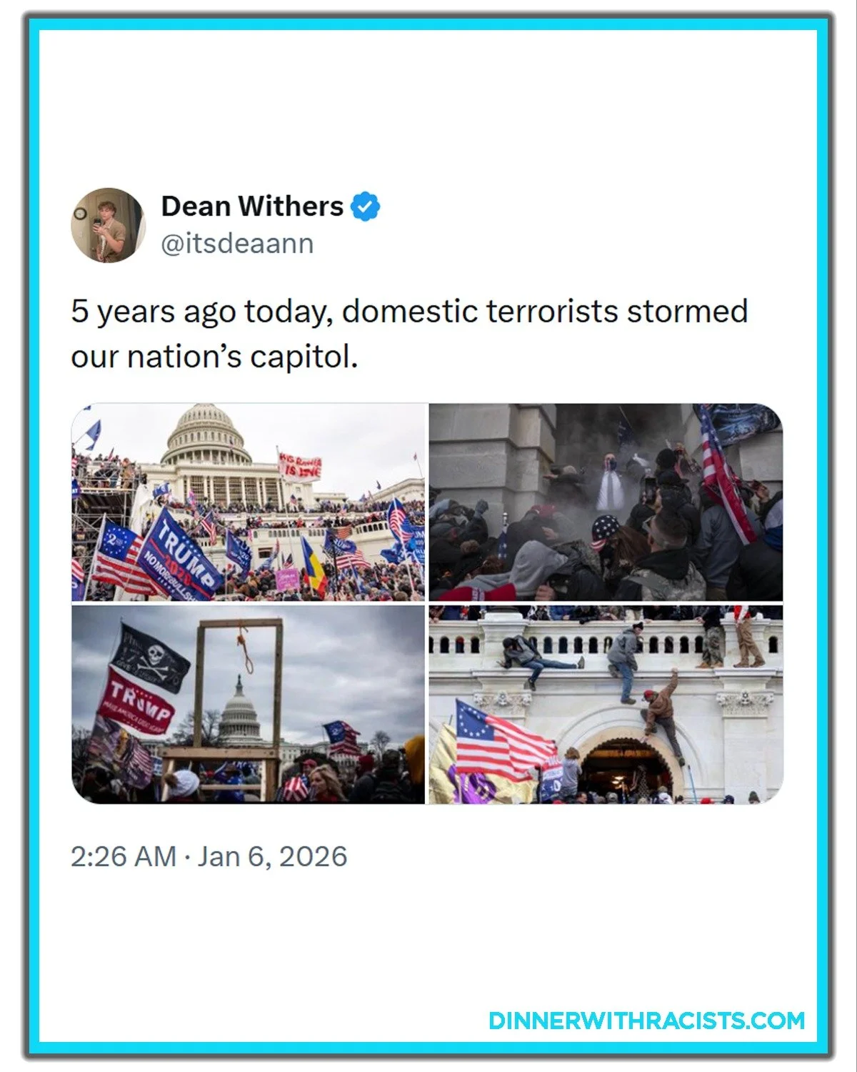 Jan 6, 2021, the President incited a white supremacist insurrection as part of a larger plan to overturn the 2020 presidential election. Never let this be sanitized or misrepresented.